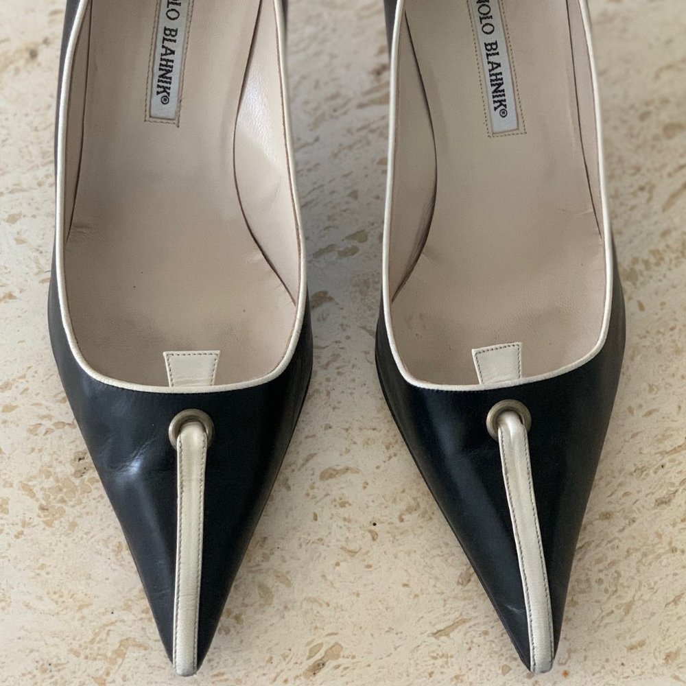 Manolo Blahnik black leather pumps with pointed toe, 3" heels.  Size 11.